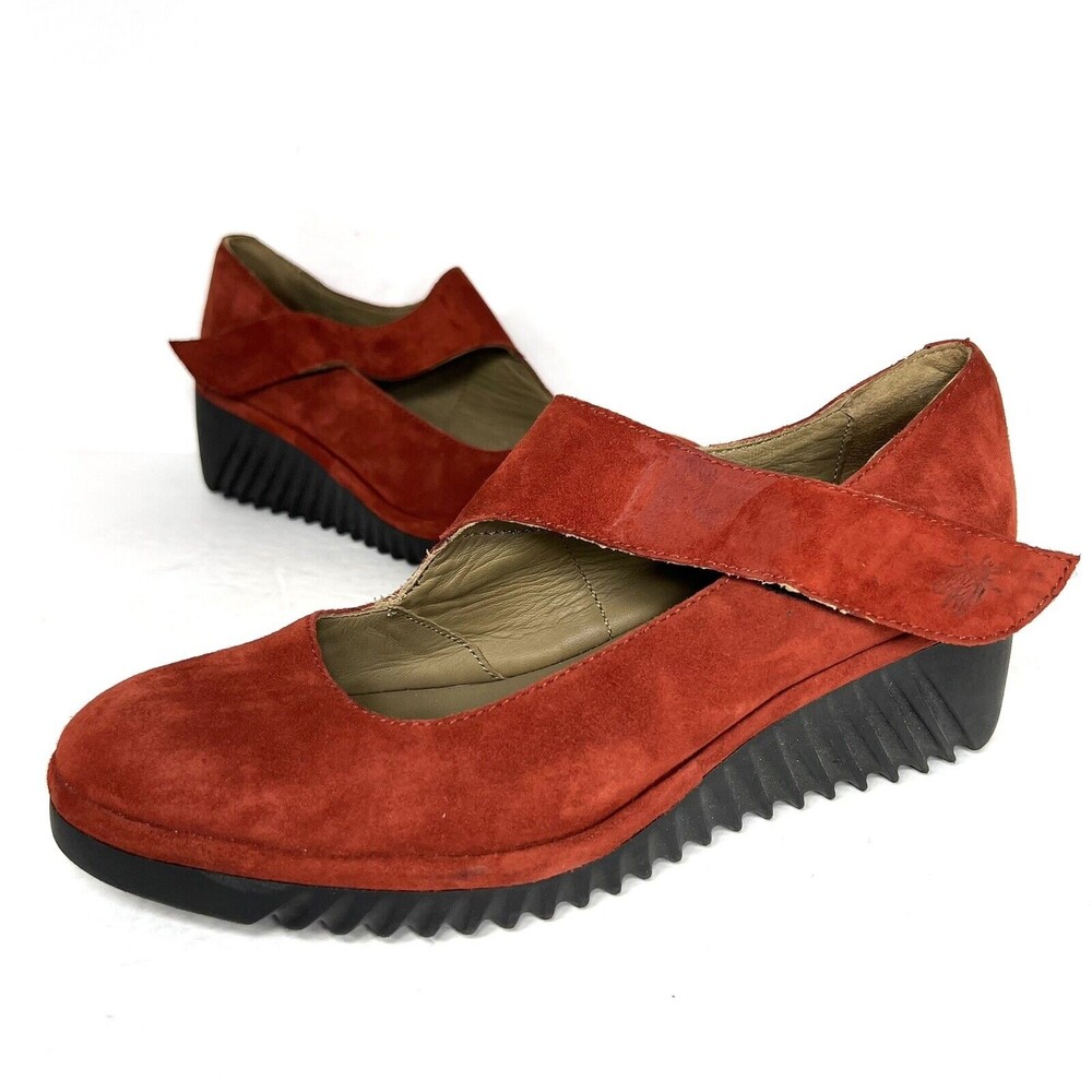 Fly London Lyka Wedge Mary Jane Loafer In Red Silky Suede Size 38 View 2
